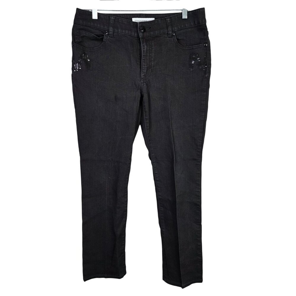 Womens Chicos Platinum Denim Black Slim Leg Jeans Sequin Accents Size 0.5 Reg